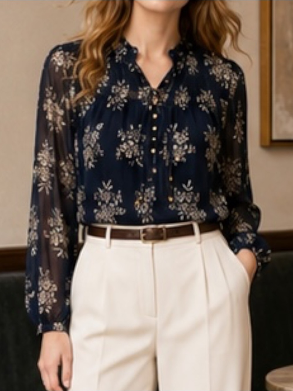 Maeve Navy Metallic Foil Floral Tassel Tie Ruffle Neck Semi Sheer Top XS
